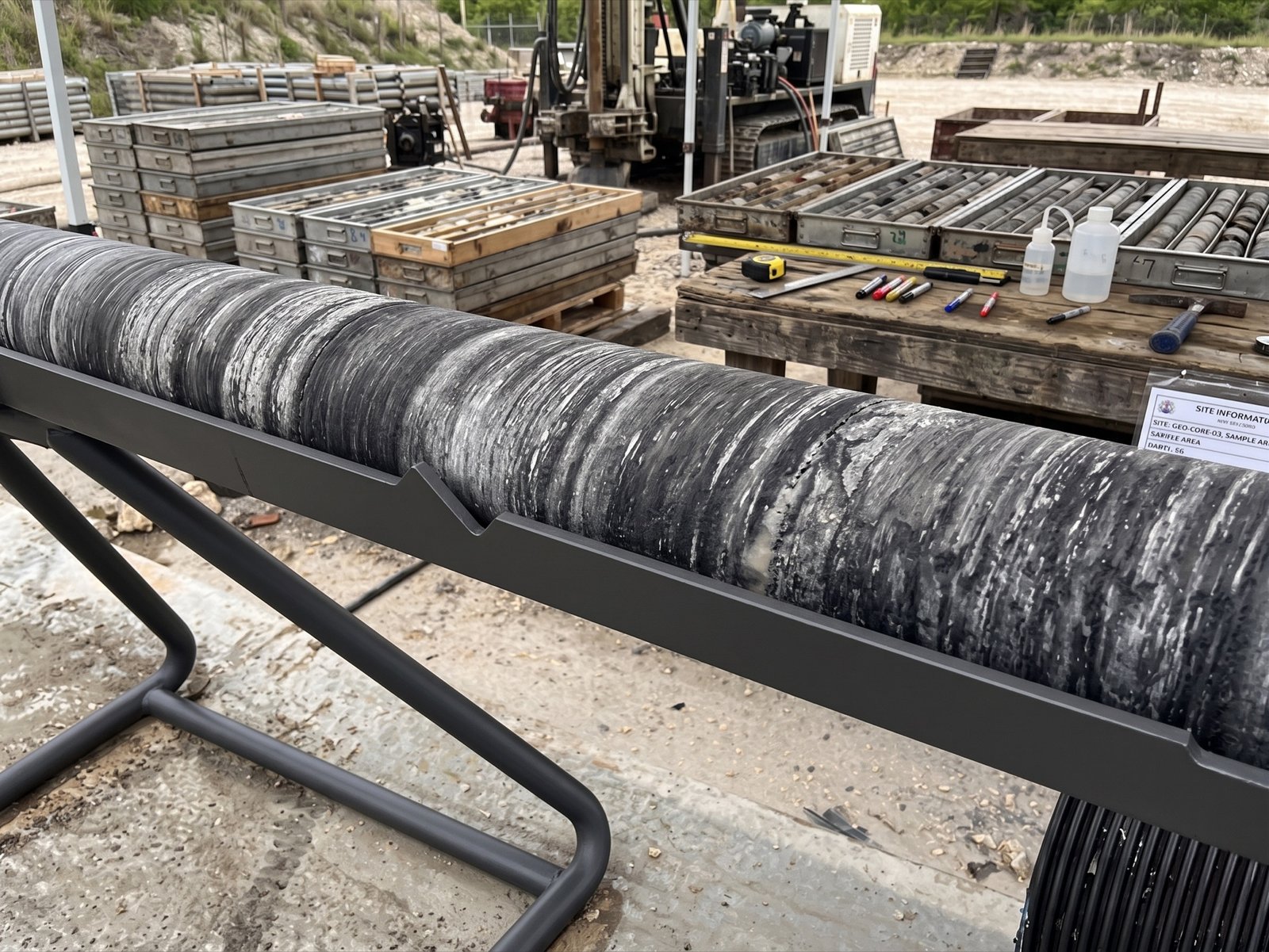 Core liner handling operations at surface — controlled split mechanism in use at the wellsite
