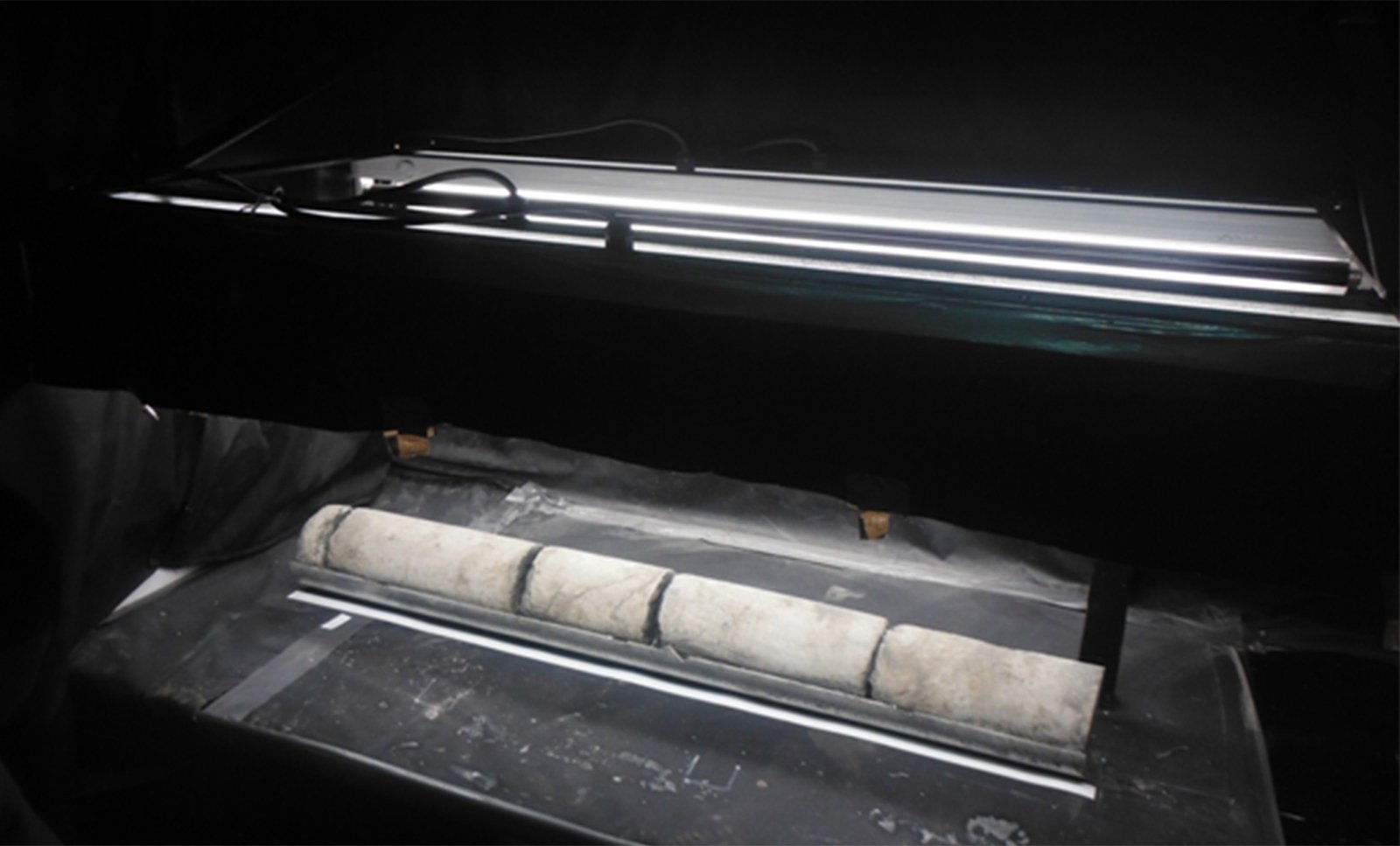 Core column photographed under UV light revealing oil show locations through fluorescence